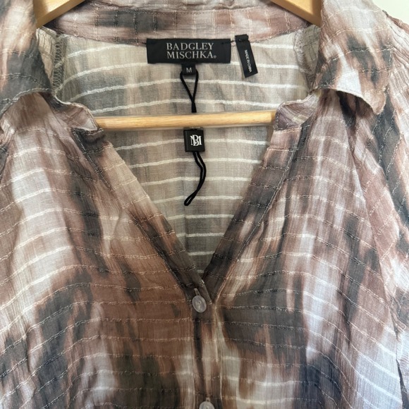 Badgley Mischka Womens Brown Tie Dye Button Down Short Sleeve Blouse Neutral M - Picture 4 of 8